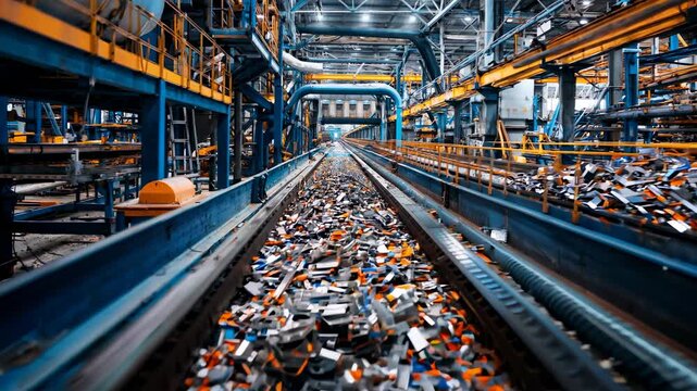 Advanced machinery processing electronic waste in a futuristic facility, showcasing innovation in e-waste management.

