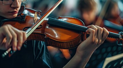 Young male musician playing the violin. Music school exam concept. A guy performs classical music on a string instrument. Illustration for cover, card, postcard, interior design, decor or print.