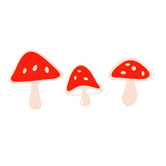 Three red mushrooms with white spots on a white background