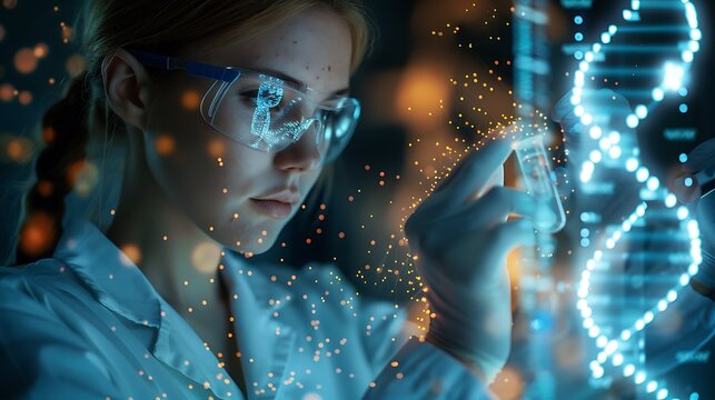 A scientist in a modern lab, manipulating nanoparticles with precision instruments. Advanced lab with digital interfaces, nanoparticle images, and sophisticated equipment. Bright,