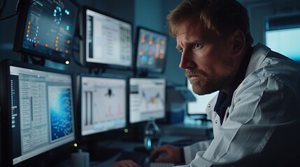 A scientist in a state-of-the-art lab, analyzing air quality data with sophisticated sensors. Modern laboratory with digital interfaces, air quality metrics, and advanced equipment. Soft,