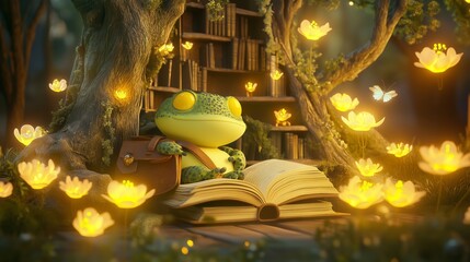 Obraz premium A peaceful frog reading an open book under a tree surrounded by glowing flowers in a lush forest