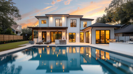 Obraz premium A stunning modern home with a sleek pool, showcased at sunset, perfect for luxury lifestyle imagery.