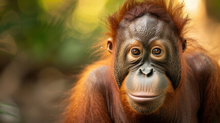 Obraz premium Close-up of a young orangutan with expressive eyes, showcasing its natural beauty in lush greenery.