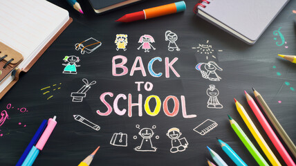 Colorful 'Back to School' theme with illustrations, stationery, and cheerful drawings on a chalkboard background.