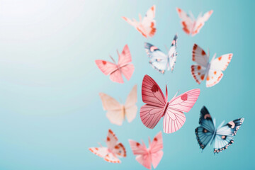 Colorful paper craft butterflies in flight against a soft blue background, showcasing vibrant patterns and delicate beauty.