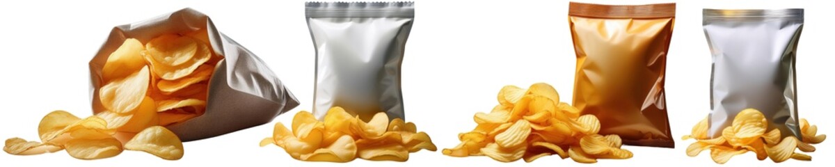 Set of Potato Chips in Blank Packaging Mock-Up collection cut out transparent isolated on white background PNG