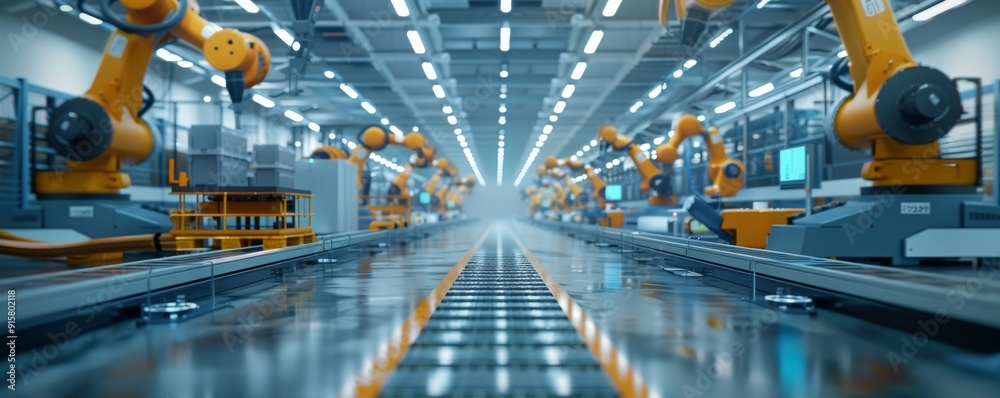 Poster advanced robotic arms in a high-tech factory with automated production line in an industrial setting