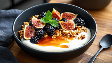 A bowl of yogurt topped with fresh figs, blackberries, granola, and a drizzle of honey, garnished with a sprig of mint on a wooden table with a spoon and cloth napkin.