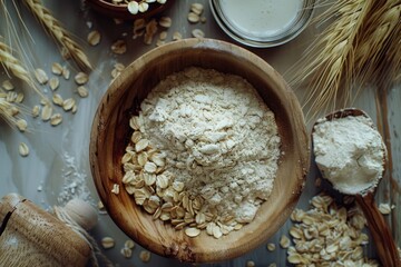 Close up of various grains and flours used to make breakfast cereal.