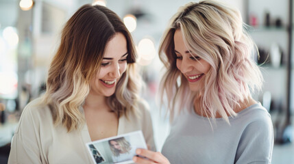 Two friends sharing a moment in a salon, looking at a photo and smiling together, showcasing joy and friendship.