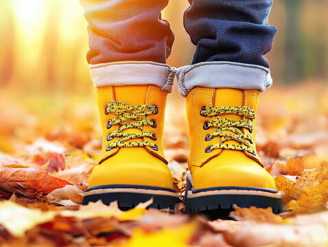 Yellow boots standing in fall leaves - Powered by Adobe
