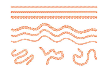 Vector Illustration Set of Twisted. Orange Rope with Various Wave and Coil Patterns in Nautical Style