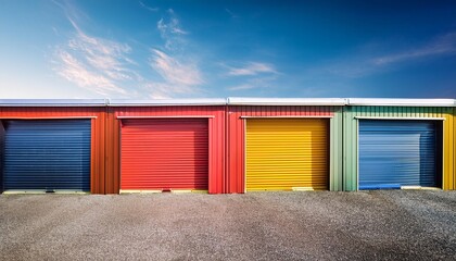 Fototapeta premium Colorful metal self storage buildings, exterior view of storage buildings and garages