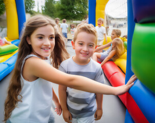 mixed kids playing on an inflatable bouncy castle in the background, with one girl and boy smiling at camera