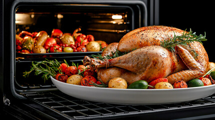 Fototapeta premium A Delicious Thanksgiving Feast A beautifully arranged traditional Thanksgiving meal featuring a roasted turkey ready to be enjoyed