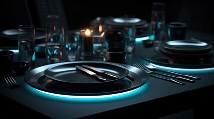 Elegant Dark Table Setting with Blue Glowing Lights