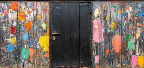 **A Black Wooden Door in a Colorful World -  Abstract Art, Black Door, Color Splatter, Urban Art, Urban Texture, Street Art** .