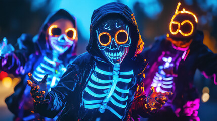 Glow stick skeleton costume for Halloween, kids are wearing glowing sticks at night going out for party, candies, trick or treat. whimsical spooky halloween concept. Haunted house scary neighborhood