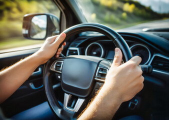 man driving an electric car view from inside the car