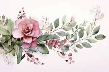 Watercolor illustration of pink flower and green leaves on white background.