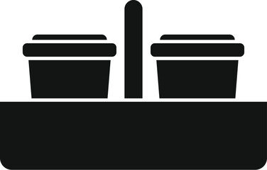 Black and white icon of a plastic food tray holding two containers with a handle in the middle
