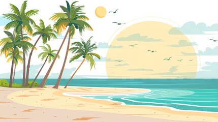 Obraz premium Tropical Beach Sunset Landscape: Palm Trees, Ocean, and Golden Hour