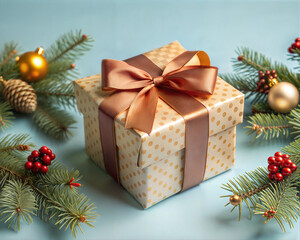 An intriguing, elegantly packaged box with a Christmas gift, neatly tied with a golden ribbon, an exquisite bow and a background of Christmas tree branches creates a New Year's mood. Card, background.