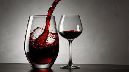 Red wine pouring in glass on white background