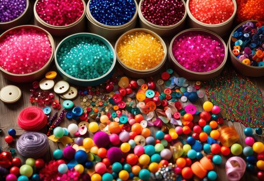 vibrant collection unique crafting supplies featuring colorful decorative elements creative projects, papers, textiles, beads, tools, materials, accessories