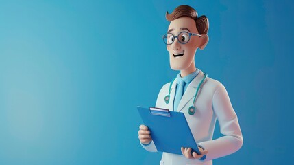 A 3D cartoon doctor with a stethoscope and a clipboard in his hands. He is wearing a white coat and a light blue shirt with a blue tie.