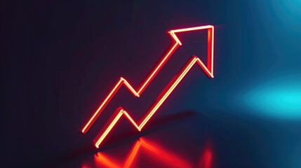 Red neon lights forming an upward trend symbolizing business growth, success or economic progress.