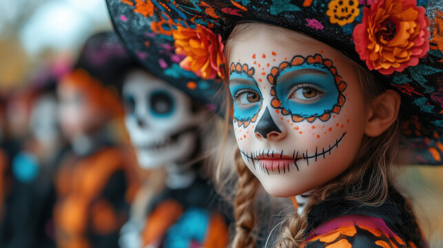 Girls with sugar skull face painting makeup and catrina costume for halloween party, trick or treat, halloween parade, kids girls in la catrina makeups for
halloween concept, banner, copy space