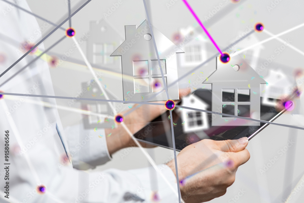 Poster home iot - Neural network 3D illustration. Big data and cybersecurity - 3d