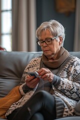 Middle-aged female texting on her cell phone while relaxing at home.