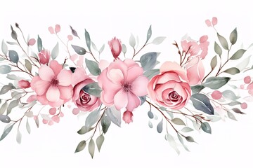 Watercolor floral border with pink roses and greenery.