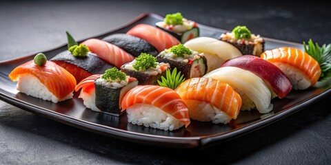Assorted nigiri sushi arranged beautifully on a black plate, Japanese cuisine, fresh, seafood, rice, traditional