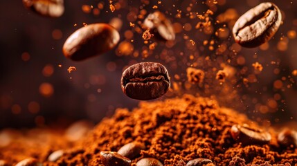 The mesmerizing dance of freshly ground coffee beans amid aromatic coffee grounds in a warm kitchen setting