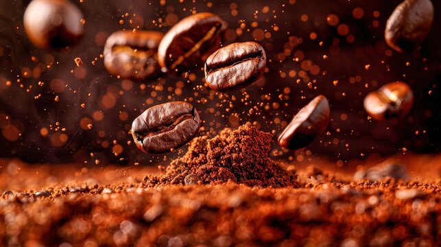 The mesmerizing dance of freshly ground coffee beans amid aromatic coffee grounds in a warm kitchen setting