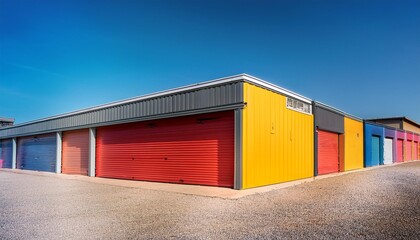 Naklejka premium Mini colorful metal self storage facilities rental units warehouse exterior industry garage building, illustration 