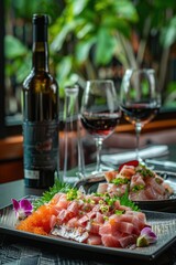 An elegantly set table with a plate of sushi, meticulously prepared and presented. Accompanying the meal is a bottle of red wine for pairing, elevating the dining experience to one of refinement.