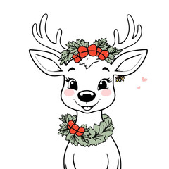 Fototapeta premium Coloring page outline of a cartoon smiling cute deer with flowers on an Isolated transparent background. generated with AI