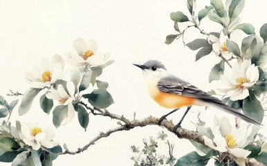 A delicate bird perched on a branch surrounded by blooming flowers, showcasing nature's beauty.