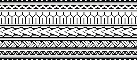 Polynesian pattern tribal tattoo border. Tribal tattoo geometric fore arm samoan band.Tattoo eps forearm samoan sleeve bracelet.Fabric seamless isolated hawaiian pattern on white background.