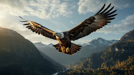 Fototapeta premium Bald Eagle in flight with mountains in the background at sunset.