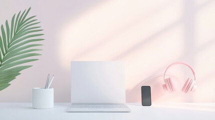 Minimalist workspace. A white desk with a sleek laptop, wireless headphones, and a stylish phone charger, all neatly arranged. Sunlight streams in through a window, casting a soft glow.