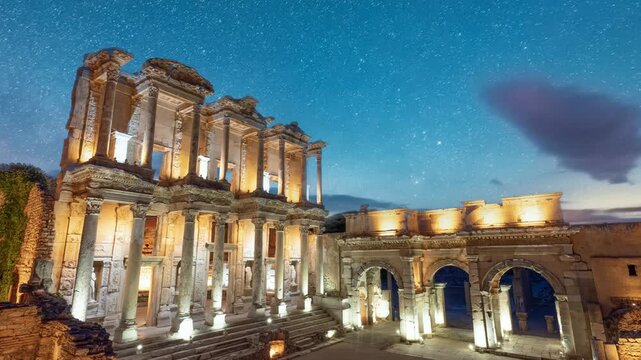 Ephesus Ancient City Celsus Library Time Lapse with Stars and Milky Way
