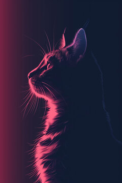 Colorful lighting portrait of a tabby cat standing in profile on a pastel background. Generative AI.