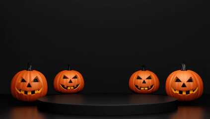 3D Halloween podium scene with black empty platform. Sale product background podium poster stage platform template