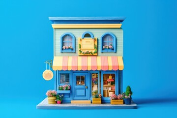 Miniature Blue and Yellow Storefront with Flowers and Awning
